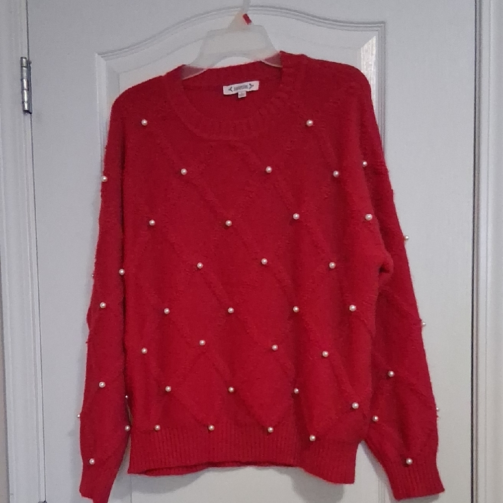 Nanette Lepore Red Sweater with Pearl Accents